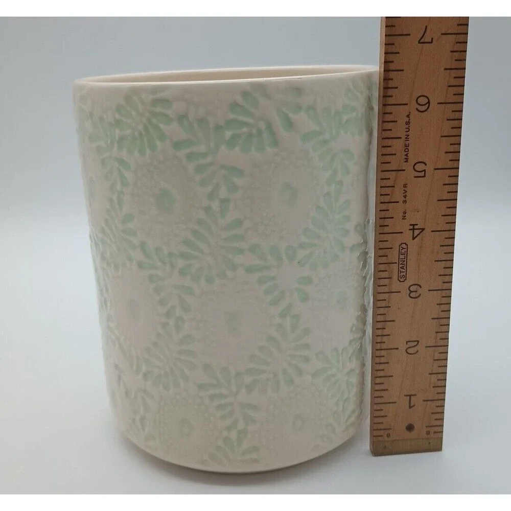 Sur La Table Utensil Crock Embossed Floral Green